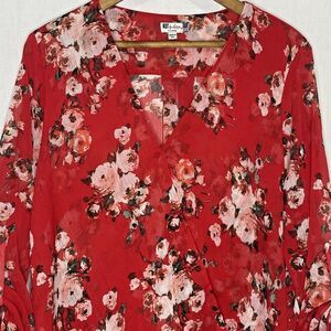 Kut From The Kloth Blouse Floral Sheer Faux Wrap Roll Sleeves Womens Size XL Red